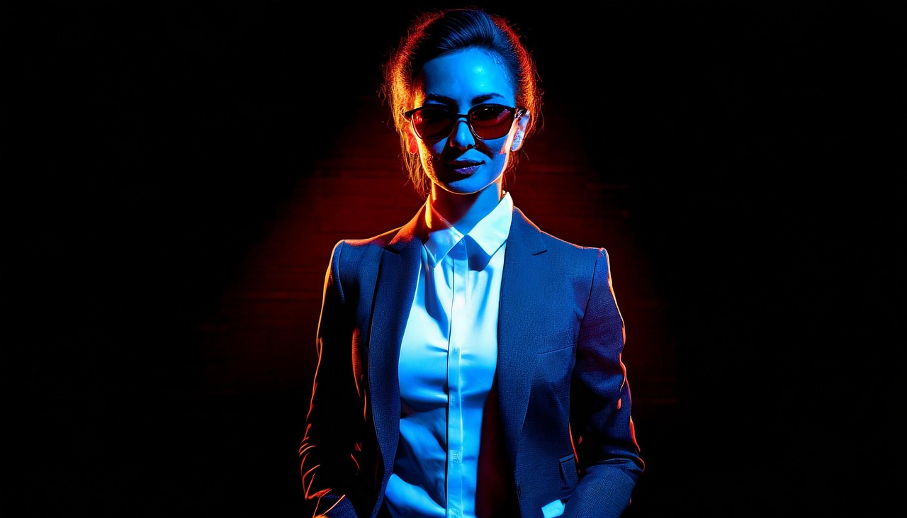 woman, model, sunglasses, secret agent, lights, jacket, art, pose, mysterious, portrait, suit